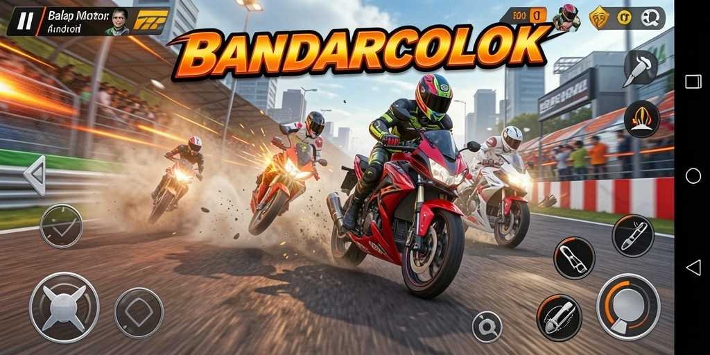 Screenshot utama BANDARCOLOK menampilkan aksi balap motor yang mendebarkan.