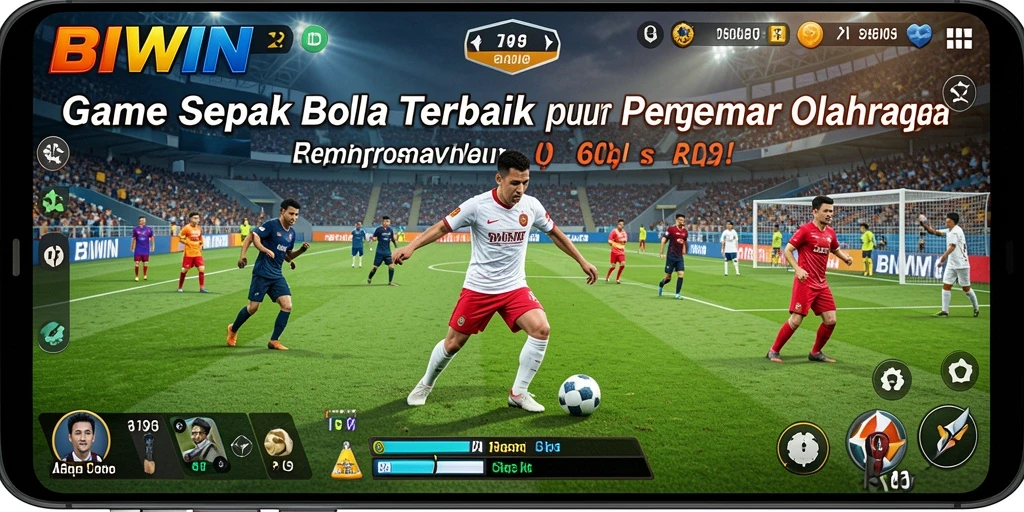 Screenshot gameplay BIWIN menampilkan aksi seru pertandingan sepak bola.