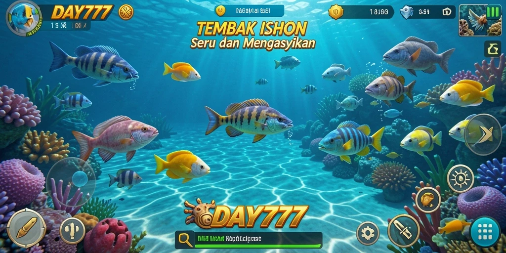 Tampilan gameplay seru dari DAY777 dengan aksi menembak ikan.