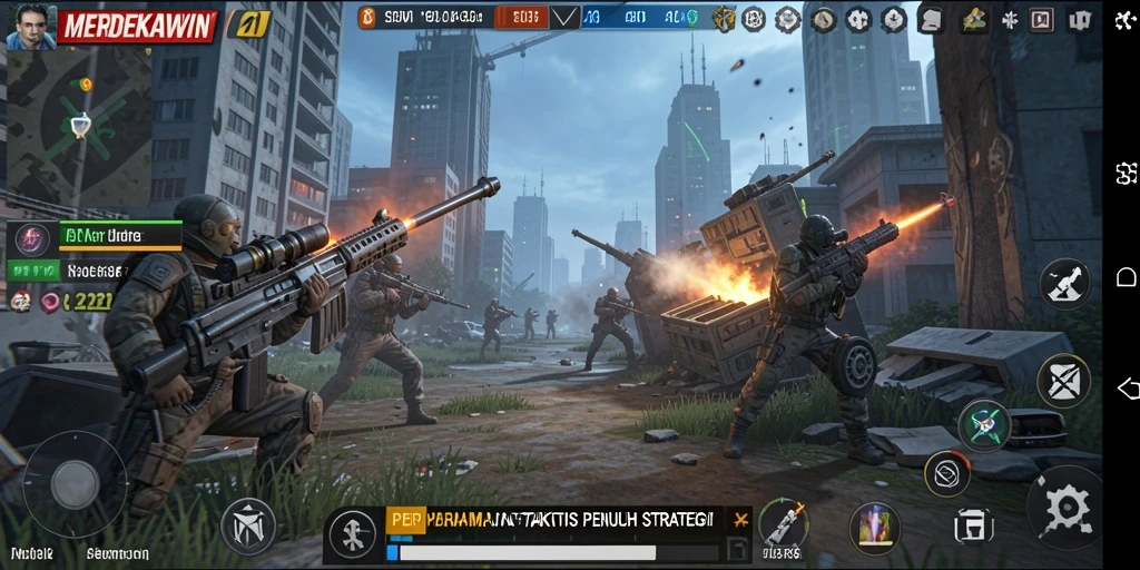 Screenshot gameplay MERDEKAWIN dengan aksi seru dalam pertempuran TPS.