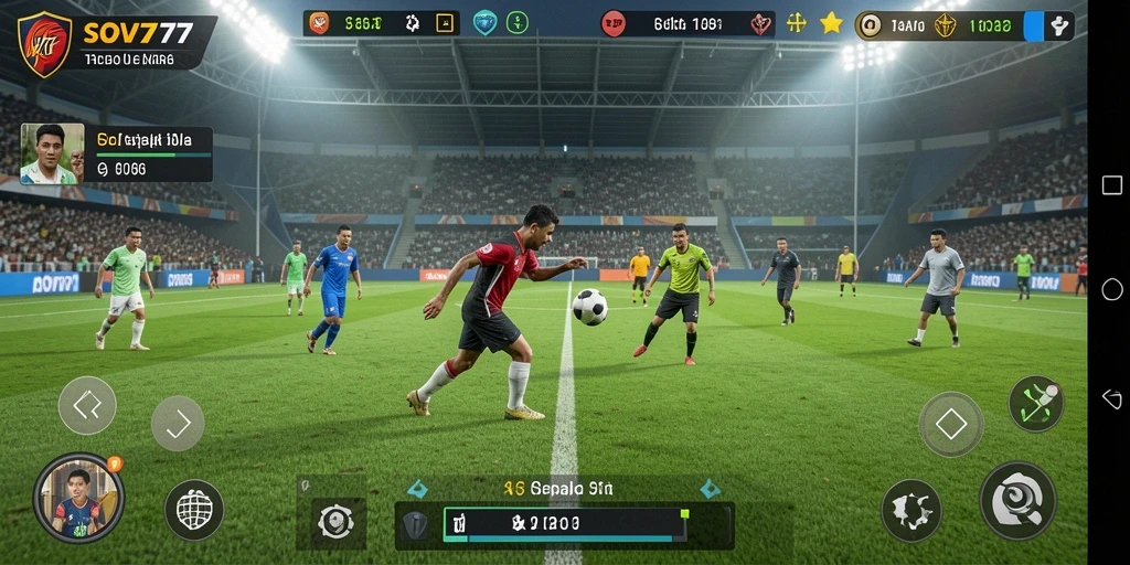 Tampilan gameplay menarik dari SOV777 yang menggambarkan pertandingan sepak bola.