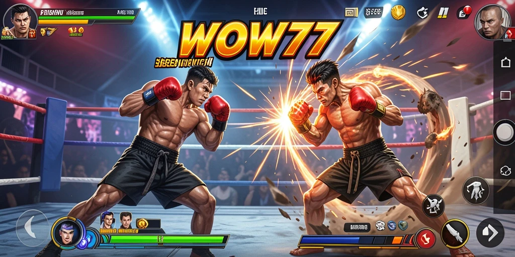 Tampilan gameplay WOW77 yang menegangkan dengan karakter bertarung.